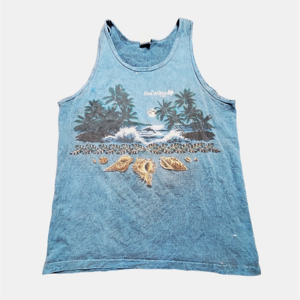 Lifestyles Sea World Of Texas Mens Blue Graphic Print‎ Cotton Tank Shirt Size L